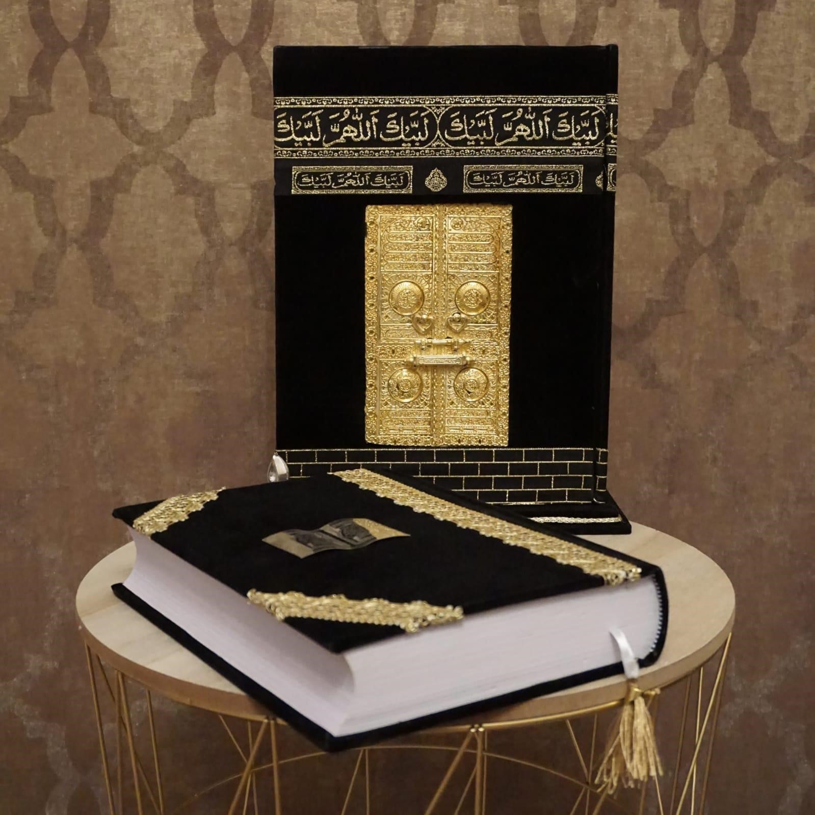 Kaaba Designed Holy Quran In Velvet Coated Wooden Box
