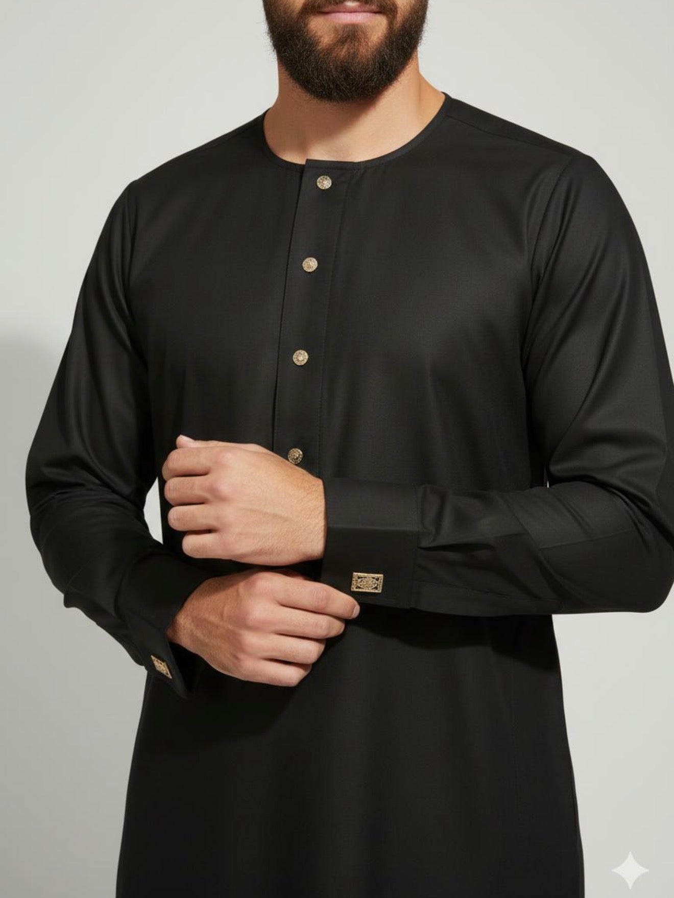 Black Kids Collarless Gold Stud Thobe