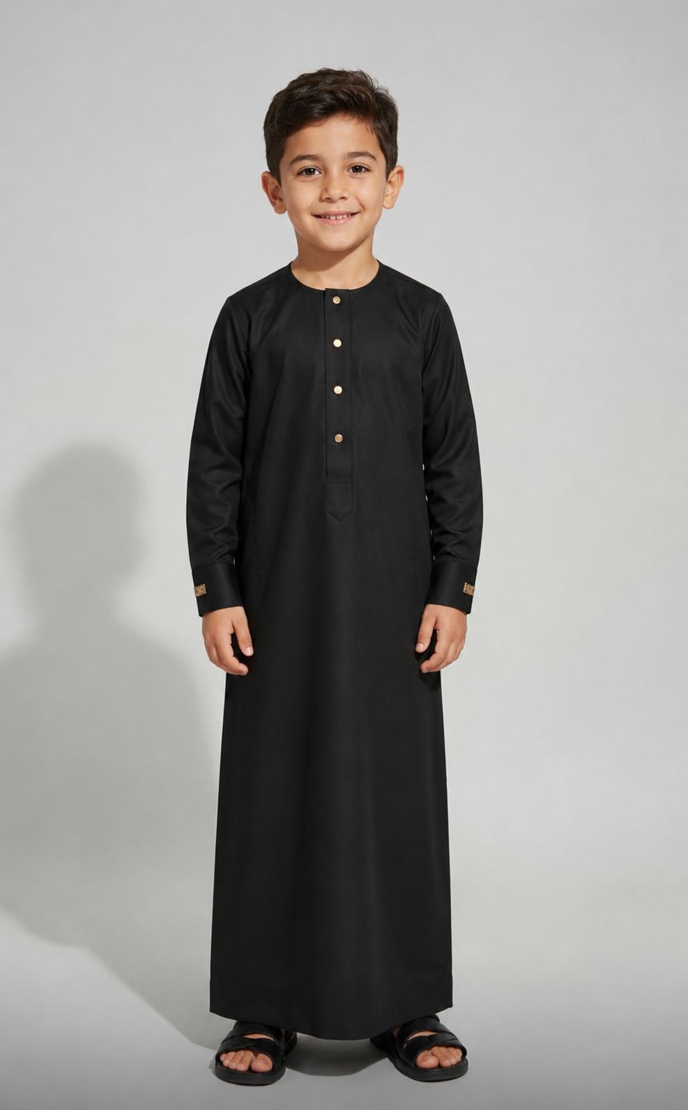 Black Kids Collarless Gold Stud Thobe