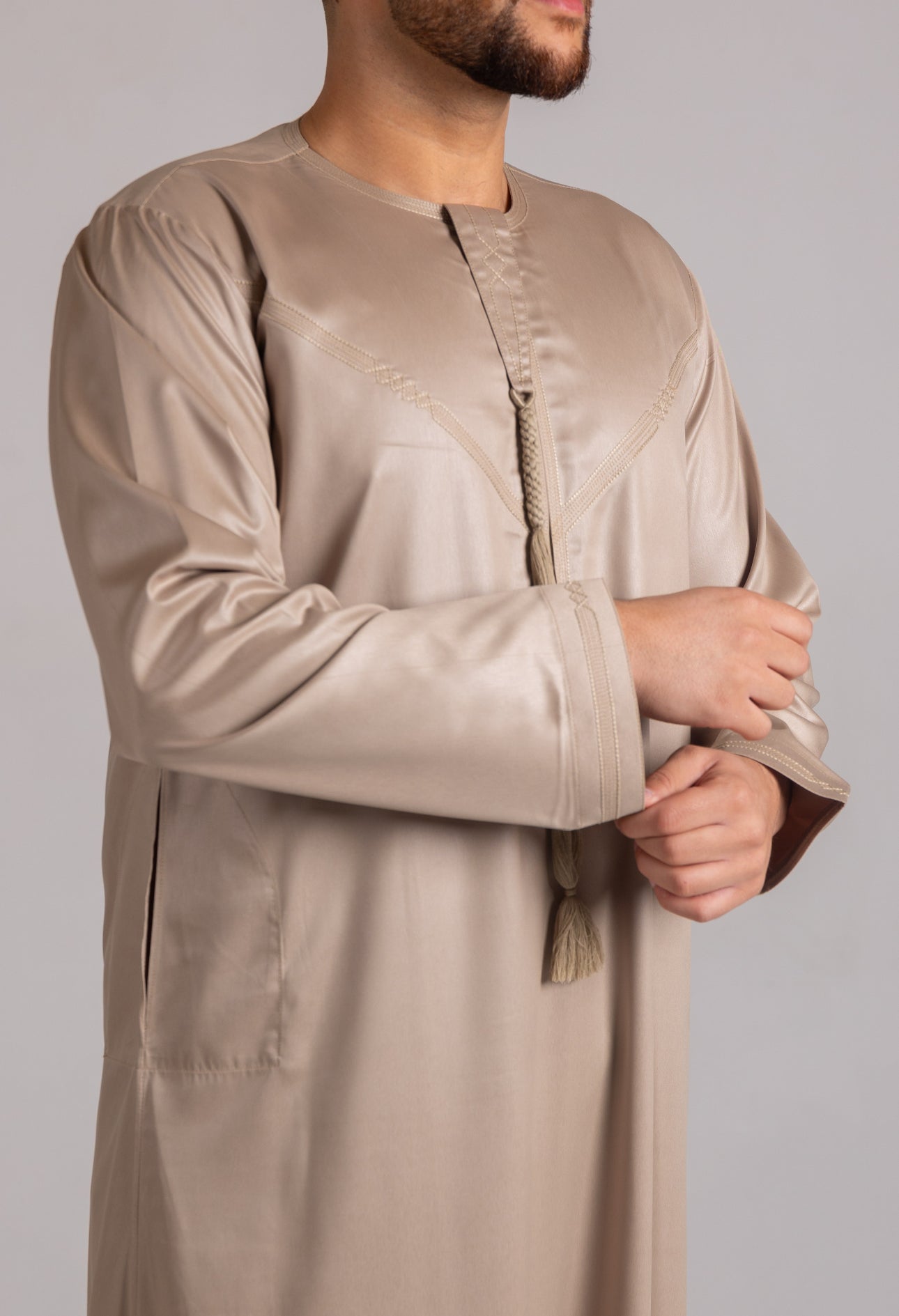 Embroidery Emirati Thobe Shiny ( Beige ) image 6