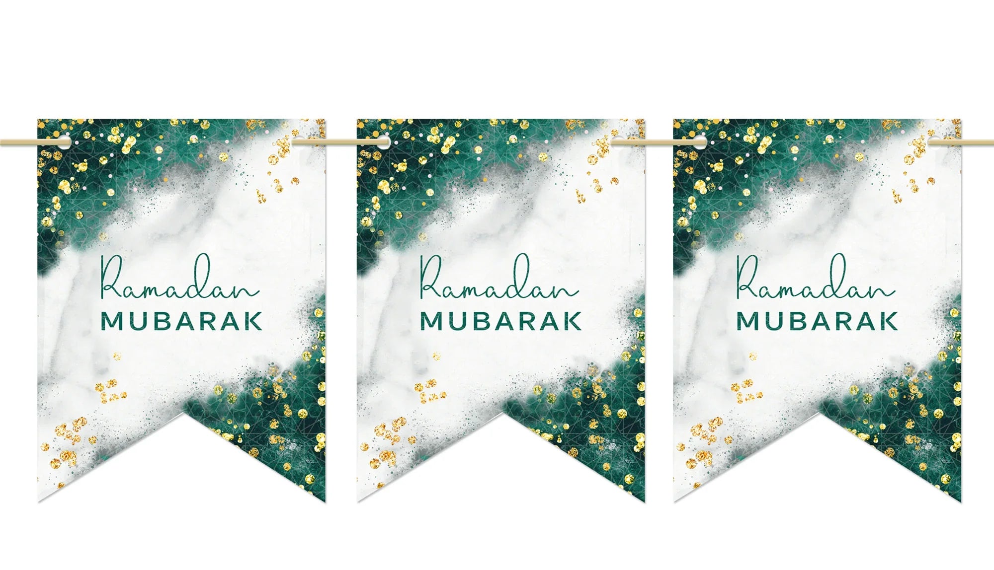 Ramadan Mubarak Bunting in Emerald Green & Gold -10 Double Sided Flags image 0