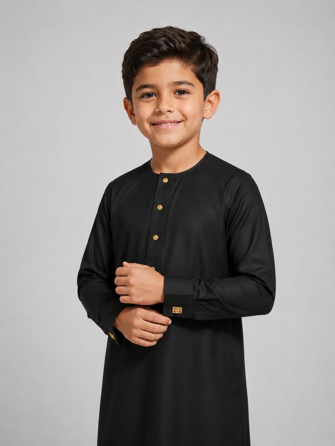 Black Kids Collarless Gold Stud Thobe