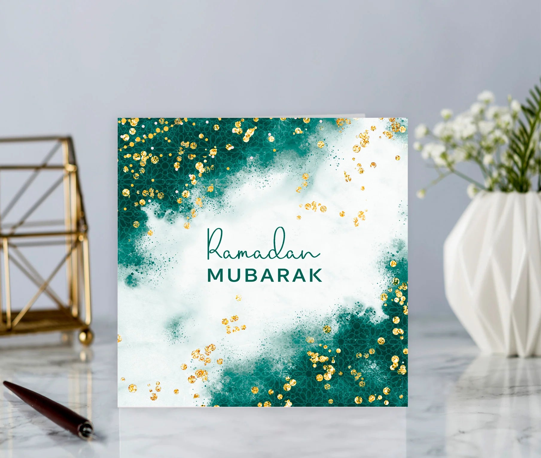 Ramadan Mubarak Card in Emerald Green and Gold